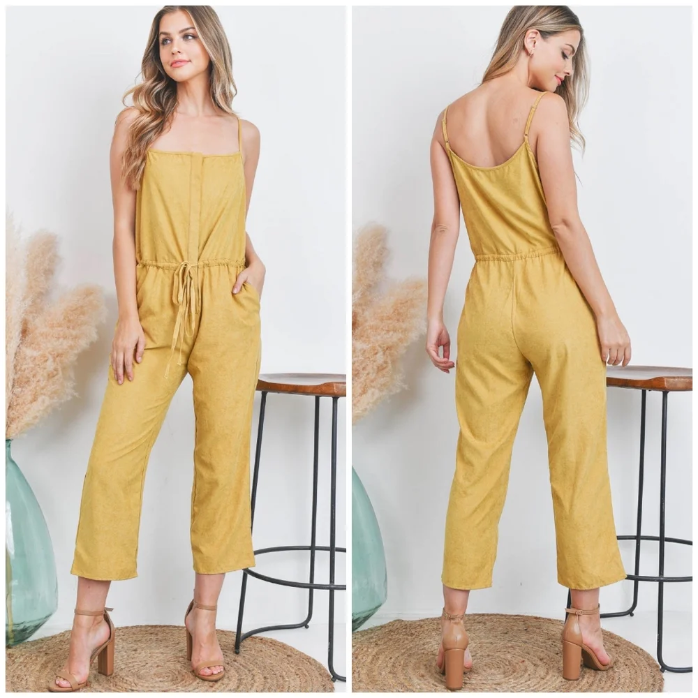 BLUE BLUSH Chic Mustard Woven Sueded Spaghetti Straps Jumpsuit - Picture 2 of 6